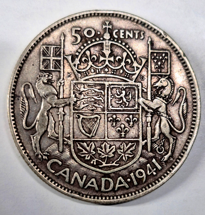 1941 Canada Fifty Cents Toned AU+ Features King George VI 80% Silver 50C KM#36