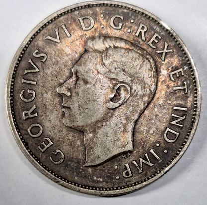 1941 Canada Fifty Cents Toned AU+ Features King George VI 80% Silver 50C KM#36