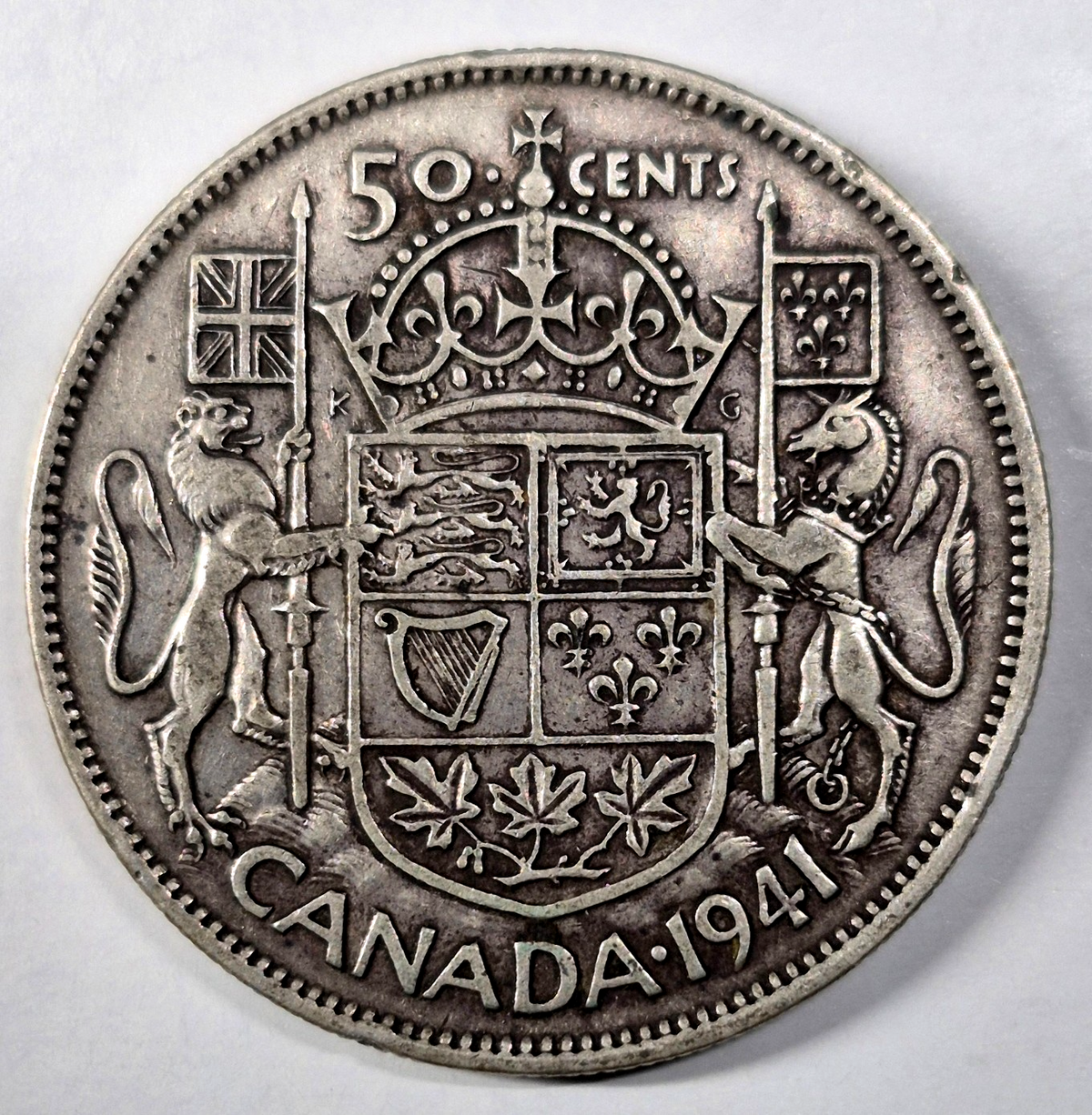1941 Canada Fifty Cents Toned AU+ Features King George VI 80% Silver 50C KM#36