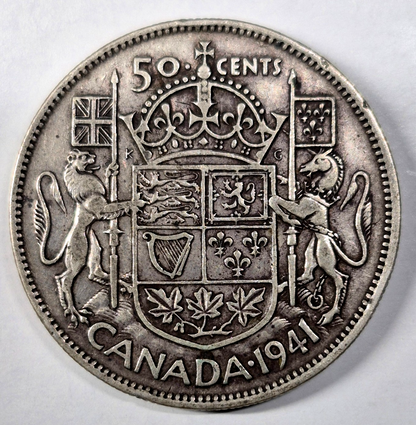 1941 Canada Fifty Cents Toned AU+ Features King George VI 80% Silver 50C KM#36
