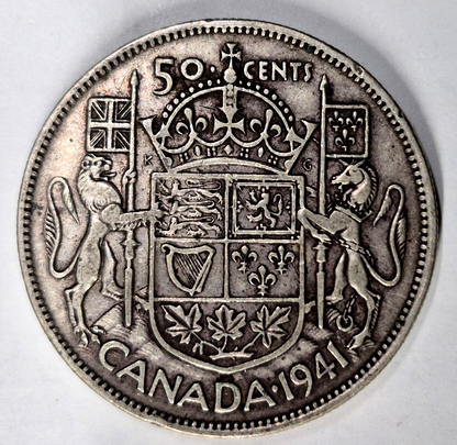 1941 Canada Fifty Cents Toned AU+ Features King George VI 80% Silver 50C KM#36