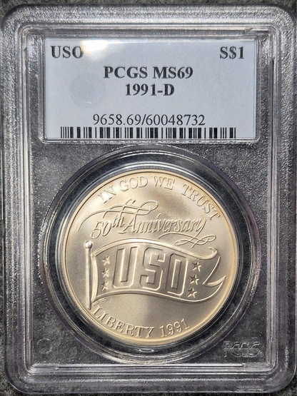 1991-D Vintage Extra Eye Appeal Toning PCGS MS 69 (USO) Silver 1$ Comm Coin