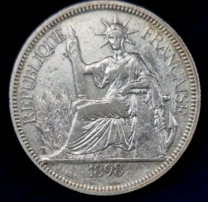 FRENCH INDO-CHINA VIETNAM 1898-A PIASTRE SILVER COIN Km 5a.1,  XF-AU Features