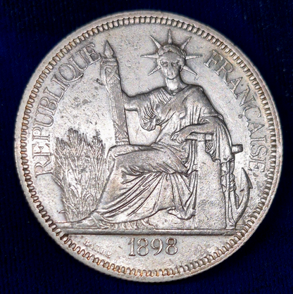 FRENCH INDO-CHINA VIETNAM 1898-A PIASTRE SILVER COIN Km 5a.1,  XF-AU Features