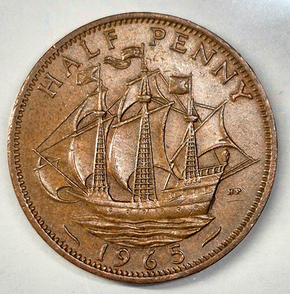 1965 1/2 P Great Britain Half Penny, Elizabeth II, KM# 896 AU Features