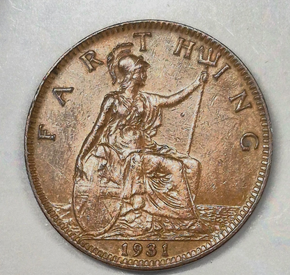 1931 Great Britain UK 1 Farthing, George V, AU Features Nice Toning!