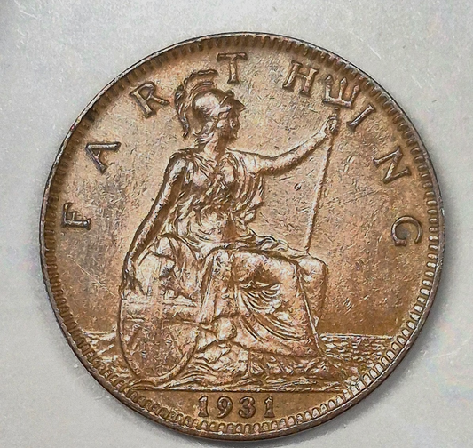 1931 Great Britain UK 1 Farthing, George V, AU Features Nice Toning!
