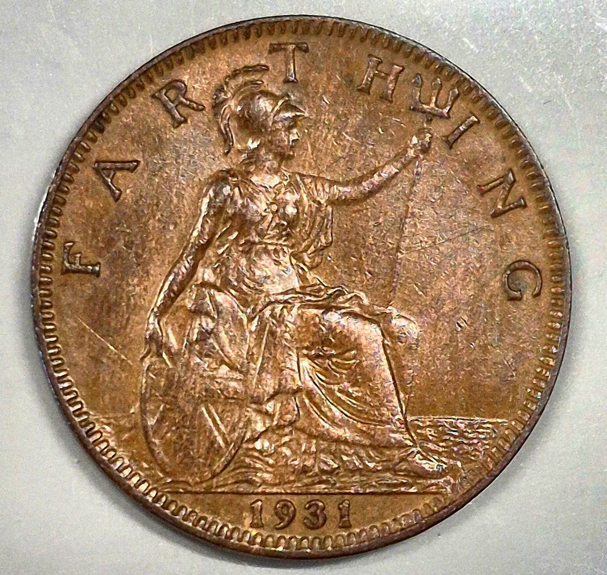1931 Great Britain UK 1 Farthing, George V, AU Features Nice Toning!
