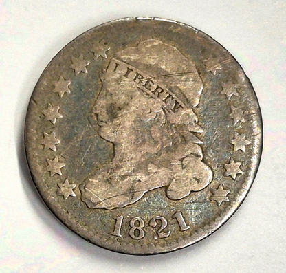 1821 Capped Bust US  90% Silver Dime 10c Coin Toned Fine+ Features W/Reeds