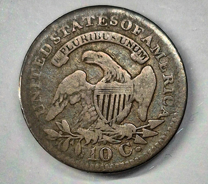 1821 Capped Bust US  90% Silver Dime 10c Coin Toned Fine+ Features W/Reeds