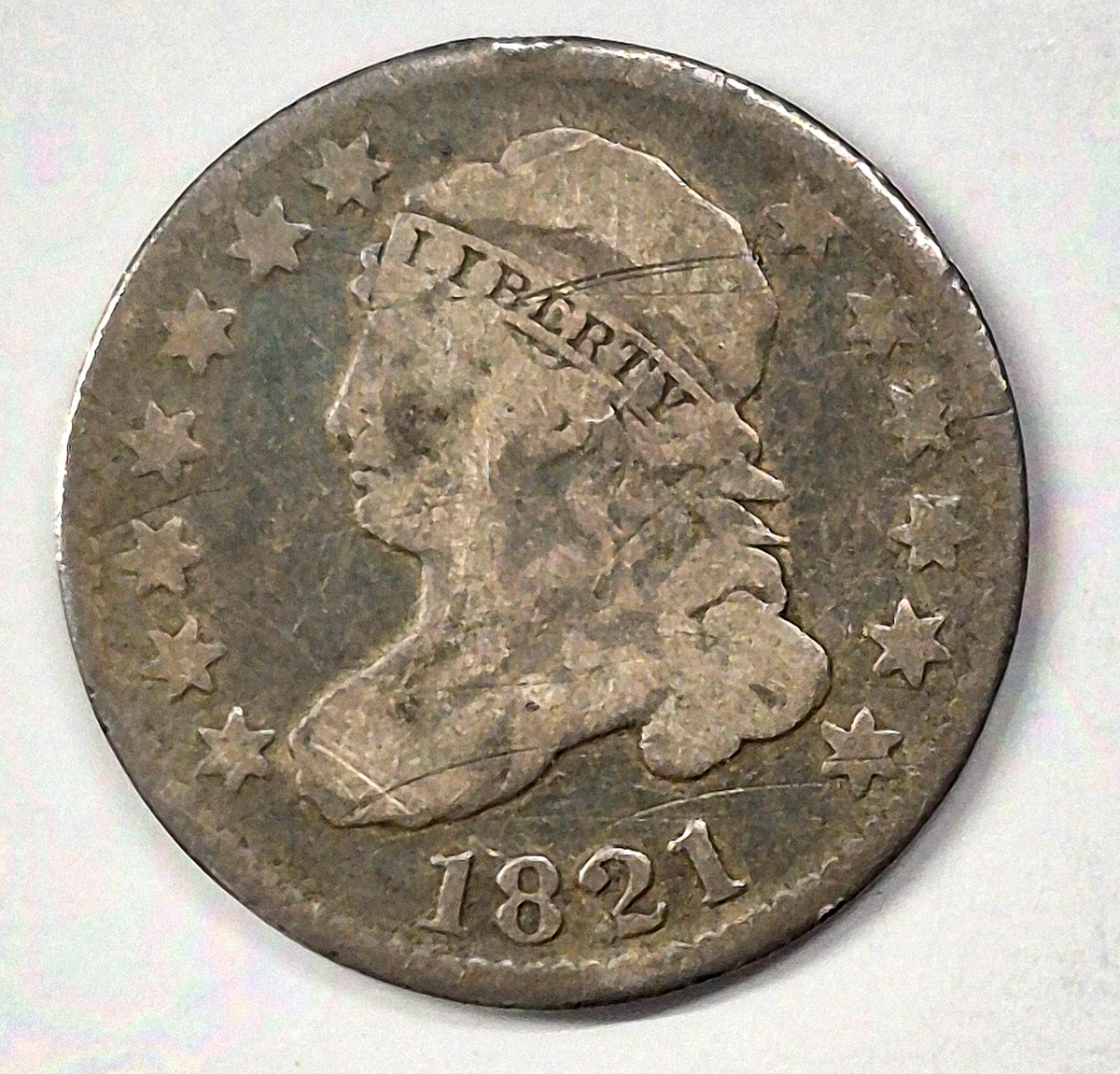 1821 Capped Bust US  90% Silver Dime 10c Coin Toned Fine+ Features W/Reeds