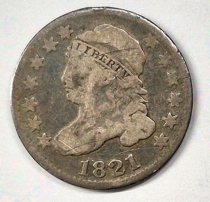1821 Capped Bust US  90% Silver Dime 10c Coin Toned Fine+ Features W/Reeds