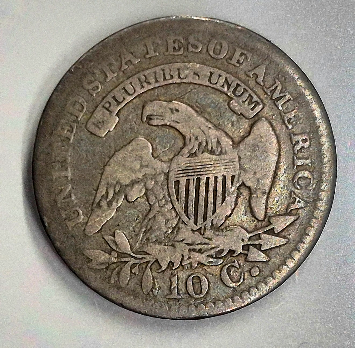 1821 Capped Bust US  90% Silver Dime 10c Coin Toned Fine+ Features W/Reeds