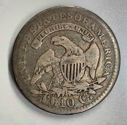 1821 Capped Bust US  90% Silver Dime 10c Coin Toned Fine+ Features W/Reeds