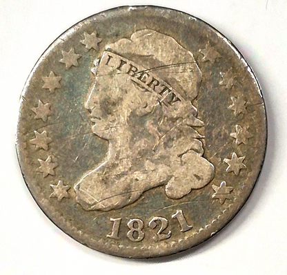 1821 Capped Bust US  90% Silver Dime 10c Coin Toned Fine+ Features W/Reeds