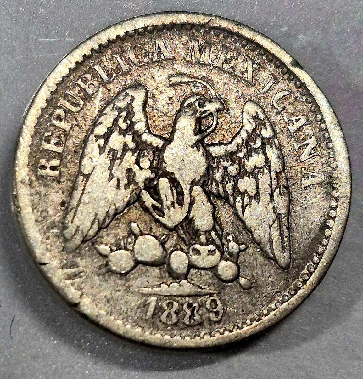Mexico 1889-Mo, M 90% Silver 5 Centavos Toned KM# 398.7  Plata .9027