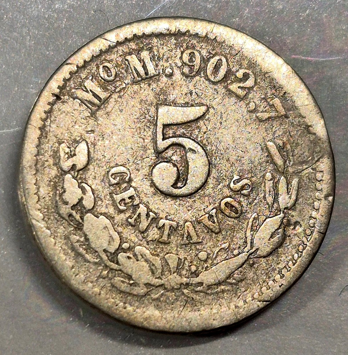 Mexico 1889-Mo, M 90% Silver 5 Centavos Toned KM# 398.7  Plata .9027