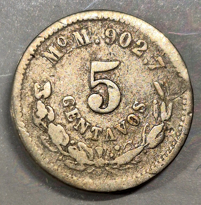 Mexico 1889-Mo, M 90% Silver 5 Centavos Toned KM# 398.7  Plata .9027