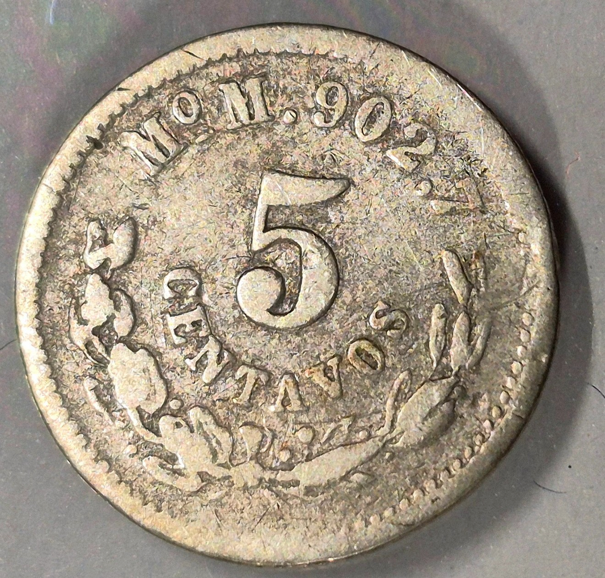 Mexico 1889-Mo, M 90% Silver 5 Centavos Toned KM# 398.7  Plata .9027
