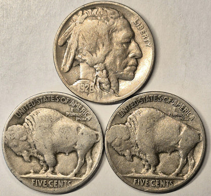 Lot of (3) Buffalo Nickels: 1926-P, 1927-P, 1928-P- VG+ to F Features