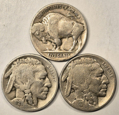 Lot of (3) Buffalo Nickels: 1926-P, 1927-P, 1928-P- VG+ to F Features