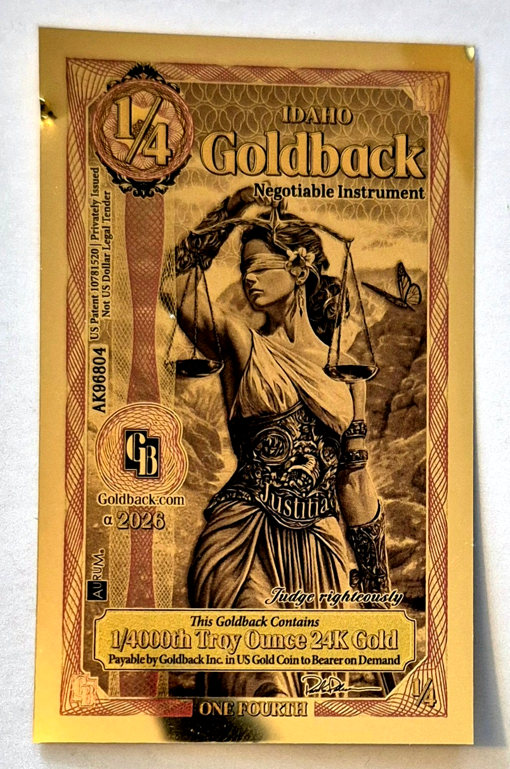 2026 - 1/4 IDAHO Goldback Aurum Gold Foil Note 1/4000 oz 24kt .999 ** DAMAGED**