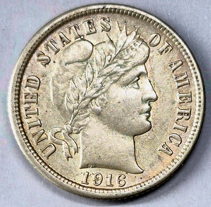 1916P Silver Barber Dime Strong AU+ Features 90% Silver KM-113 Coin Shown