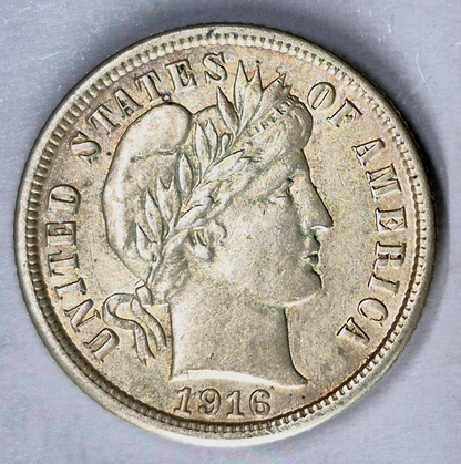 1916P Silver Barber Dime Strong AU+ Features 90% Silver KM-113 Coin Shown