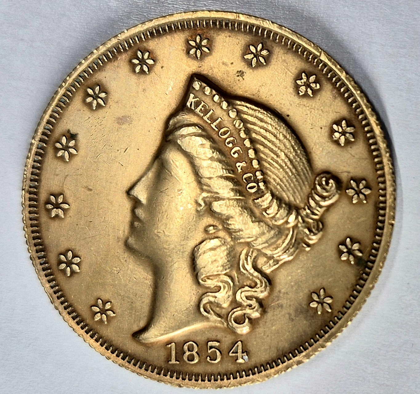 Vtg Kellogg & Co 1854 San Francisco California 20 Dollars Coin *Brass* Restrike