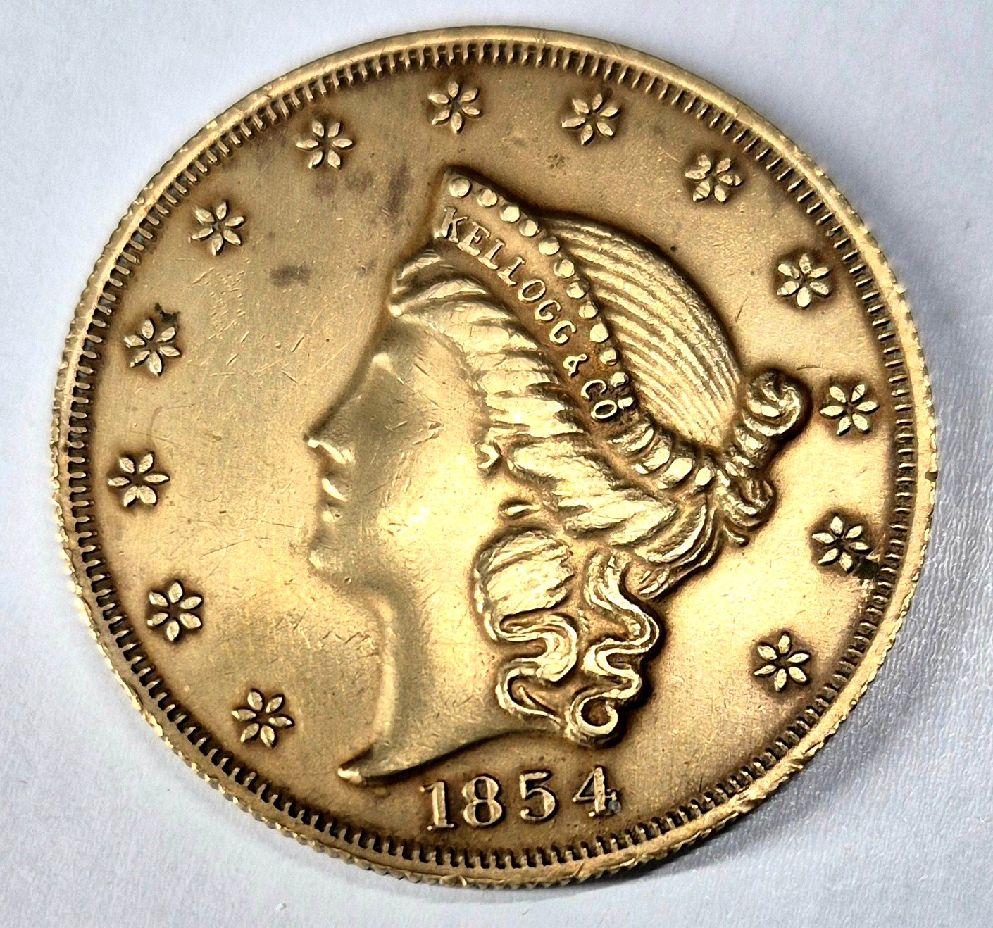 Vtg Kellogg & Co 1854 San Francisco California 20 Dollars Coin *Brass* Restrike