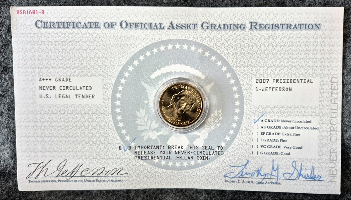 2007 Thomas Jefferson Uncirculated Dollar With The Cetificate Of Official Asset.