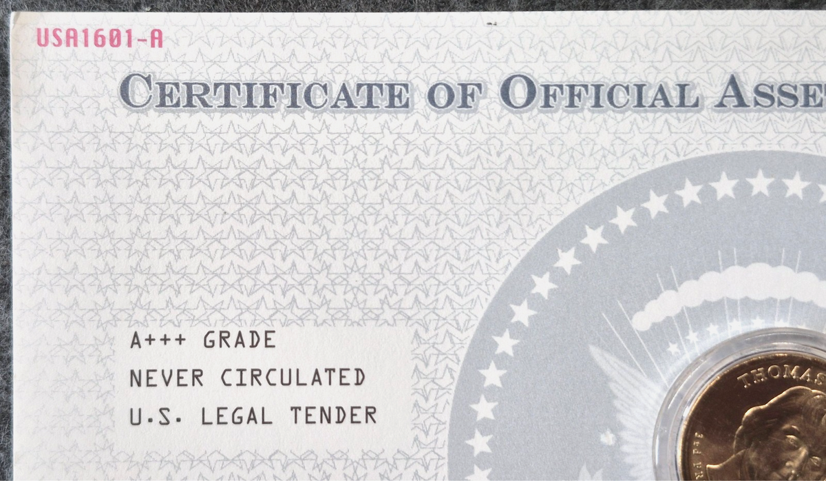 2007 Thomas Jefferson Uncirculated Dollar With The Cetificate Of Official Asset.