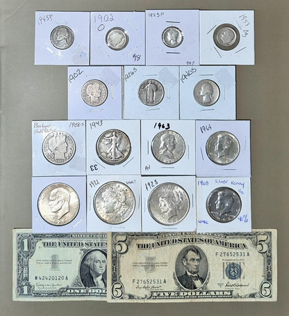 Lot of US Silver Coins & Currency, Examples of 150 Yrs of Avg Guy Pocket Silver