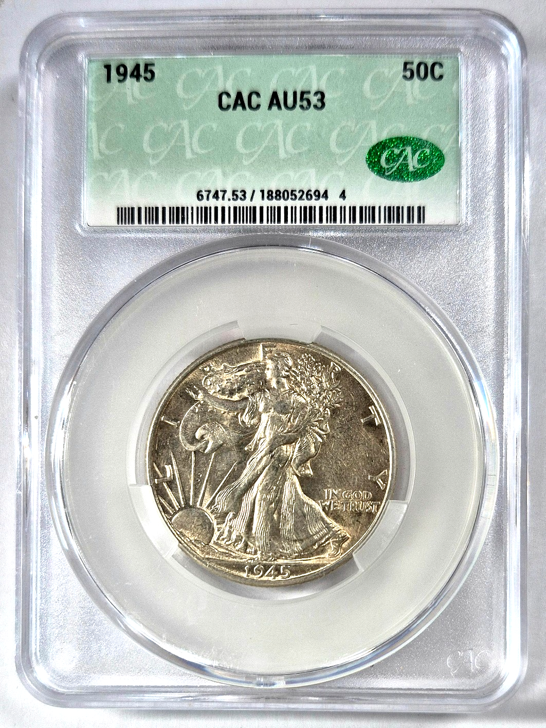 1945 50C WALKING LIBERTY SILVER HALF DOLLAR CACG CERTIFIED AU53 PHILADELPHIA