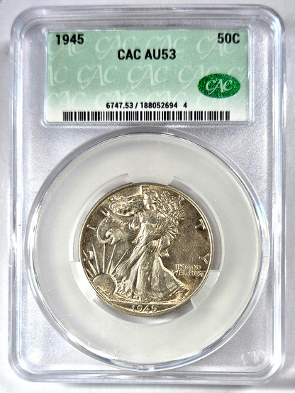 1945 50C WALKING LIBERTY SILVER HALF DOLLAR CACG CERTIFIED AU53 PHILADELPHIA