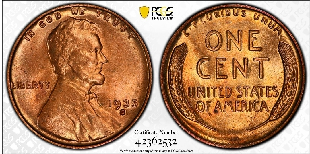 1935-S  1C RD Lincoln Wheat One Cent  PCGS MS65RD  42362532