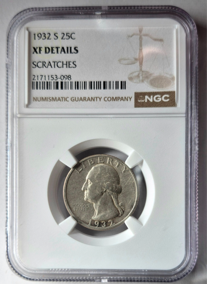 1932-D (MISLABELED) Washington 90% Silver Quarter NGC XF Details Super Key Date