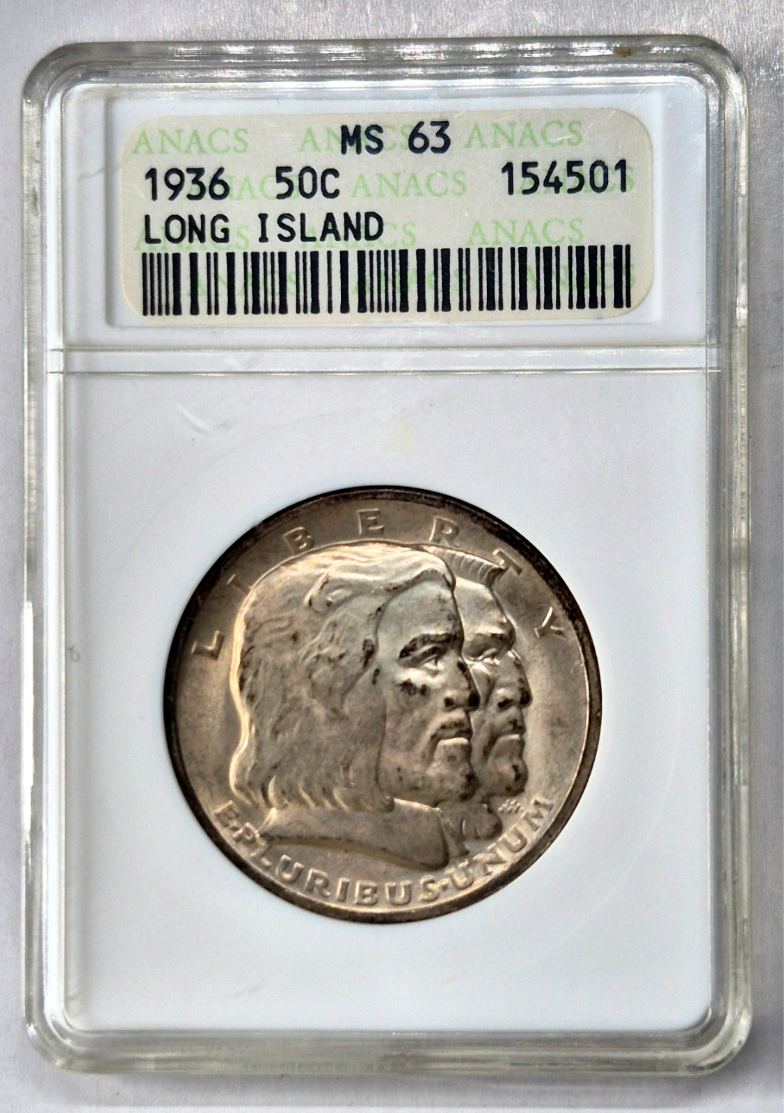 1936 Long Island Half Dollar ANACS MS63 Collectable Soapbox Holder 90% Silver