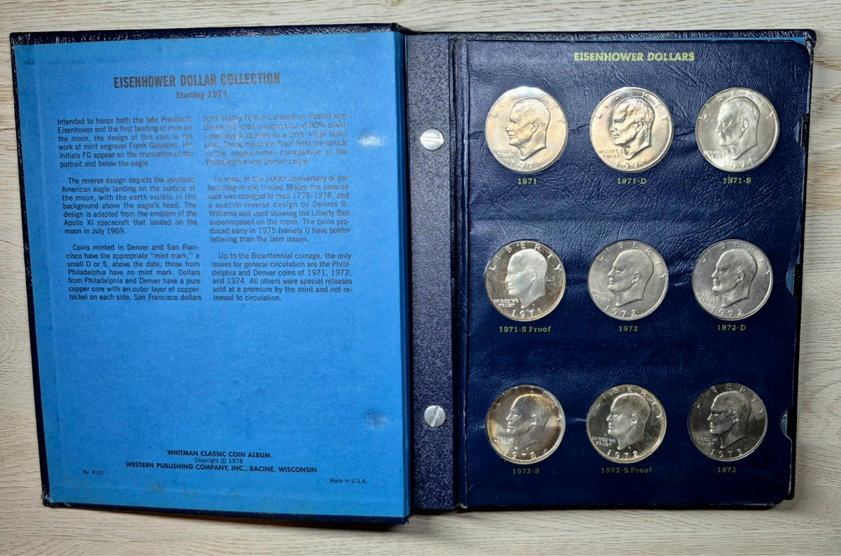 1971-1978 Complete (32) AU+ Coins, Whitman Classic Eisenhower Dollar Book Toners