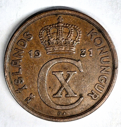 1931 N GJ Iceland 5 Aurar AU Features Low Mintage 311,000 Pieces KM-7.1 Woody