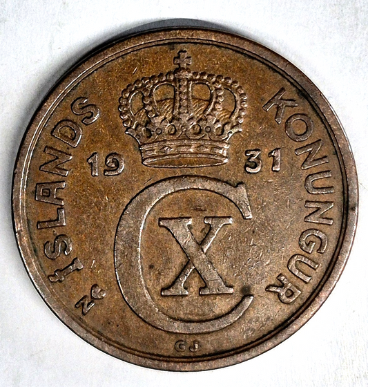 1931 N GJ Iceland 5 Aurar AU Features Low Mintage 311,000 Pieces KM-7.1 Woody