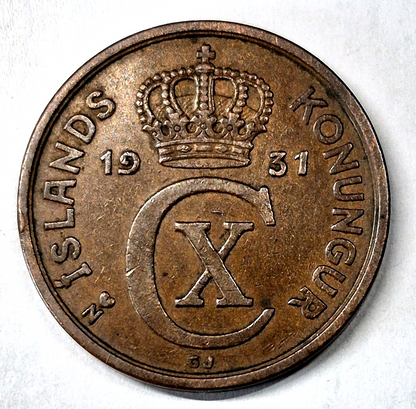 1931 N GJ Iceland 5 Aurar AU Features Low Mintage 311,000 Pieces KM-7.1 Woody
