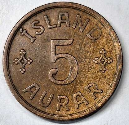 1931 N GJ Iceland 5 Aurar AU Features Low Mintage 311,000 Pieces KM-7.1 Woody
