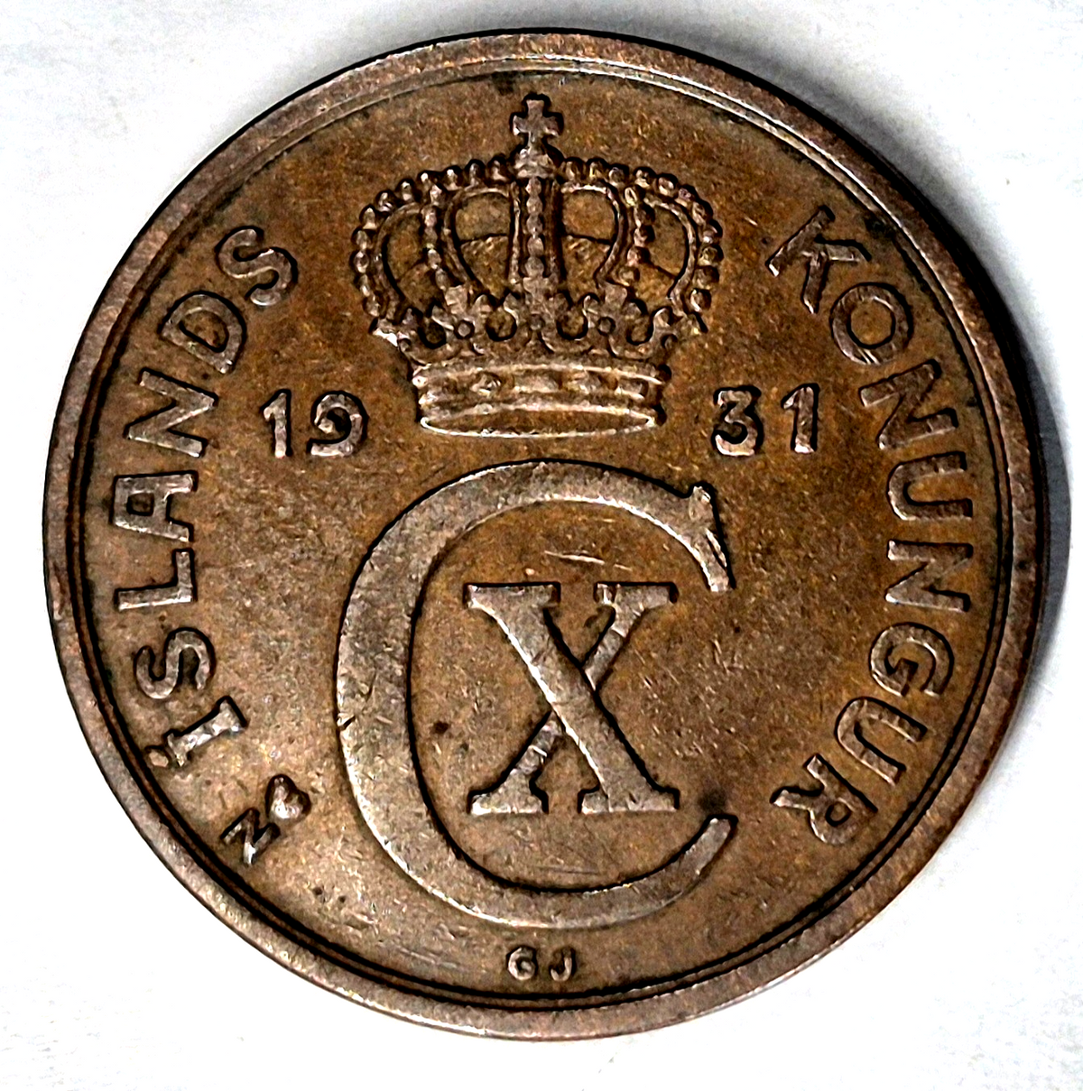 1931 N GJ Iceland 5 Aurar AU Features Low Mintage 311,000 Pieces KM-7.1 Woody