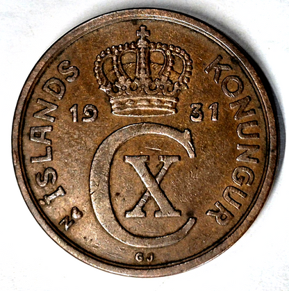 1931 N GJ Iceland 5 Aurar AU Features Low Mintage 311,000 Pieces KM-7.1 Woody
