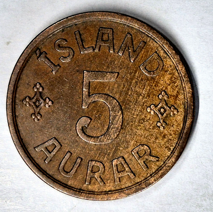 1931 N GJ Iceland 5 Aurar AU Features Low Mintage 311,000 Pieces KM-7.1 Woody