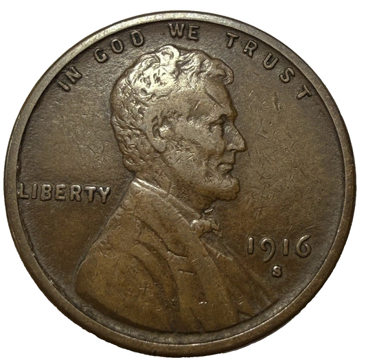 1916-S Lincoln Wheat Cent Penny FINE - VERY FINE Brown Copper 1c Coin